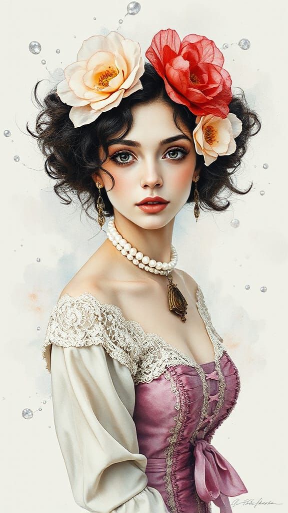 Androgynous Goddess in Elegant Attire with Laces and Pearls