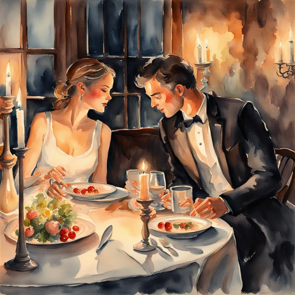 Romantic Candlelit Dinner in Watercolor Style