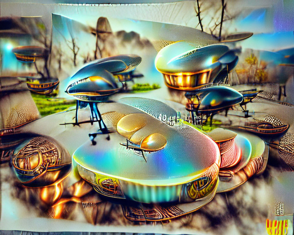 Steampunk Flying Saucers in Art Deco Style