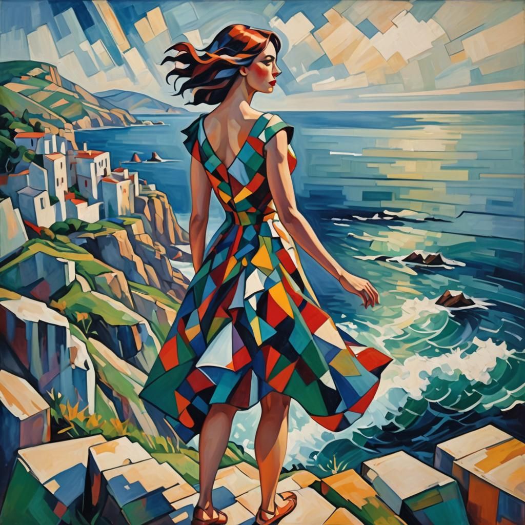 Cubist Woman Gazing at Sea, Geometric Fauvism Style