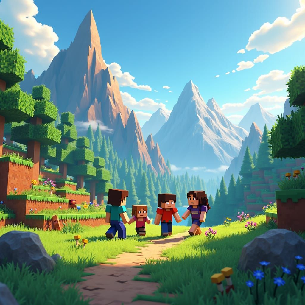 Whimsical Minecraft Overworld: Friends Playing in Daylight