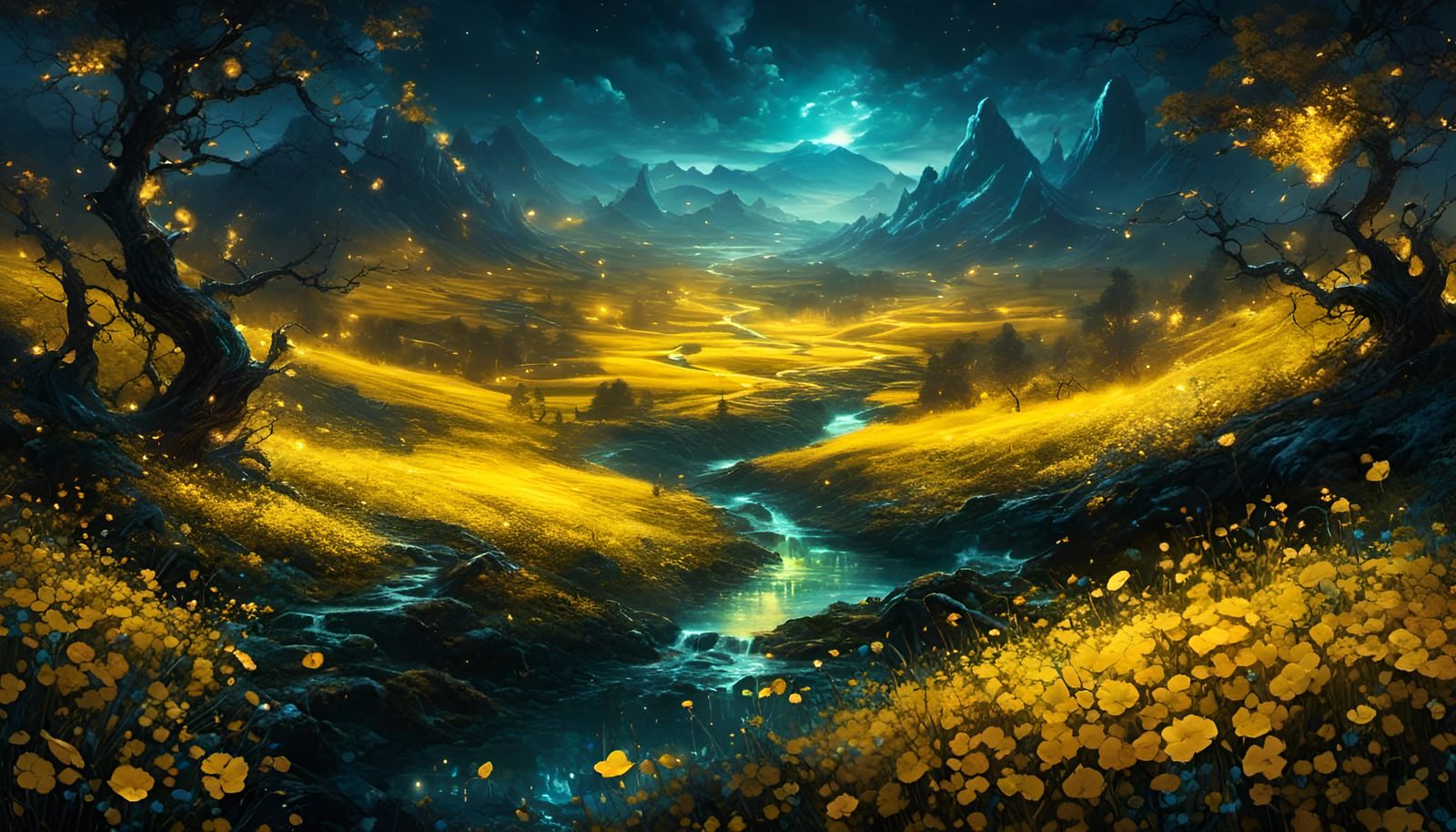 Fantastical Yellow Meadow Landscape with Fairy Lights