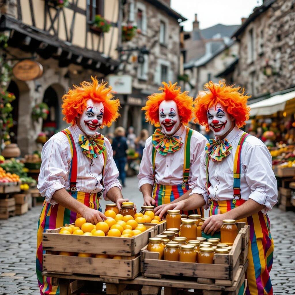 Clowns Selling Produce in Old Town Square