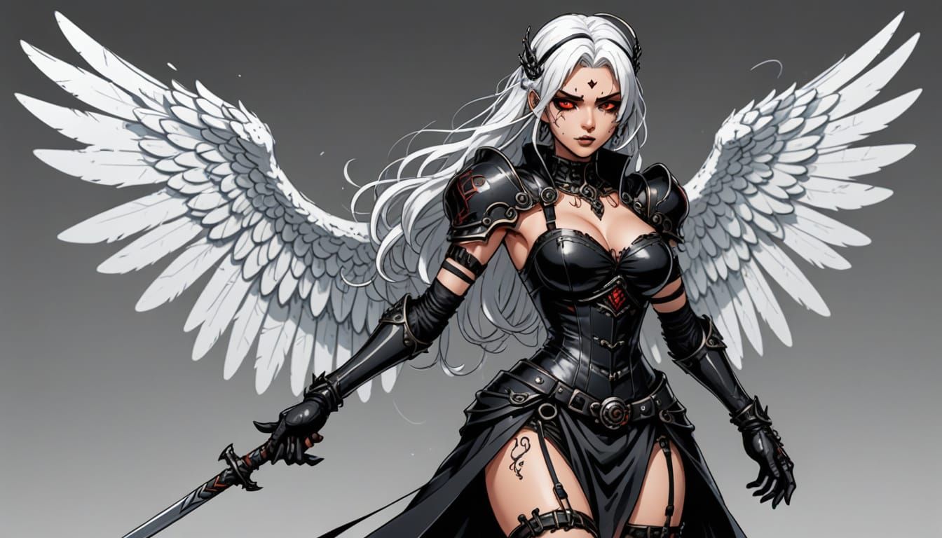 Angelic Gothic Bride with White Wings and Magic Staff