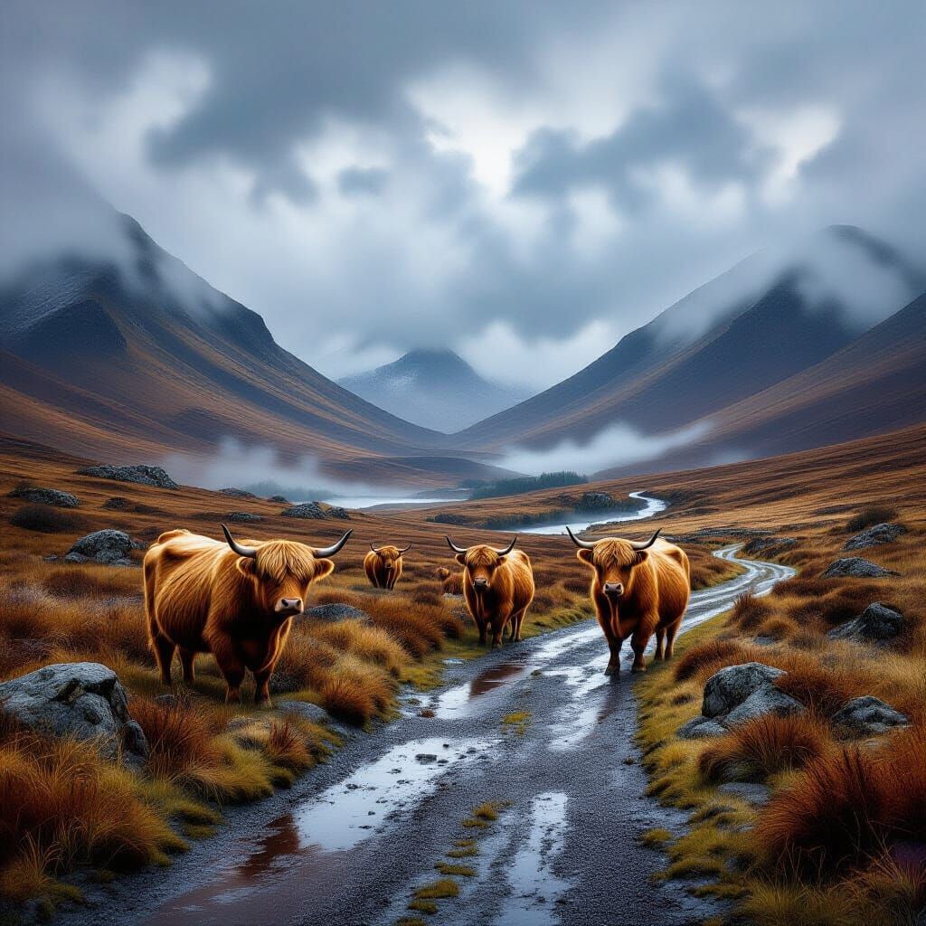 Misty Highland Cows in Ultra-Realistic Style
