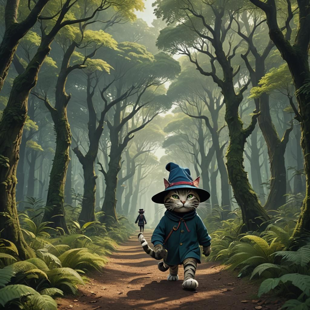 Ghibli Style: Large Cat Walks in Forest