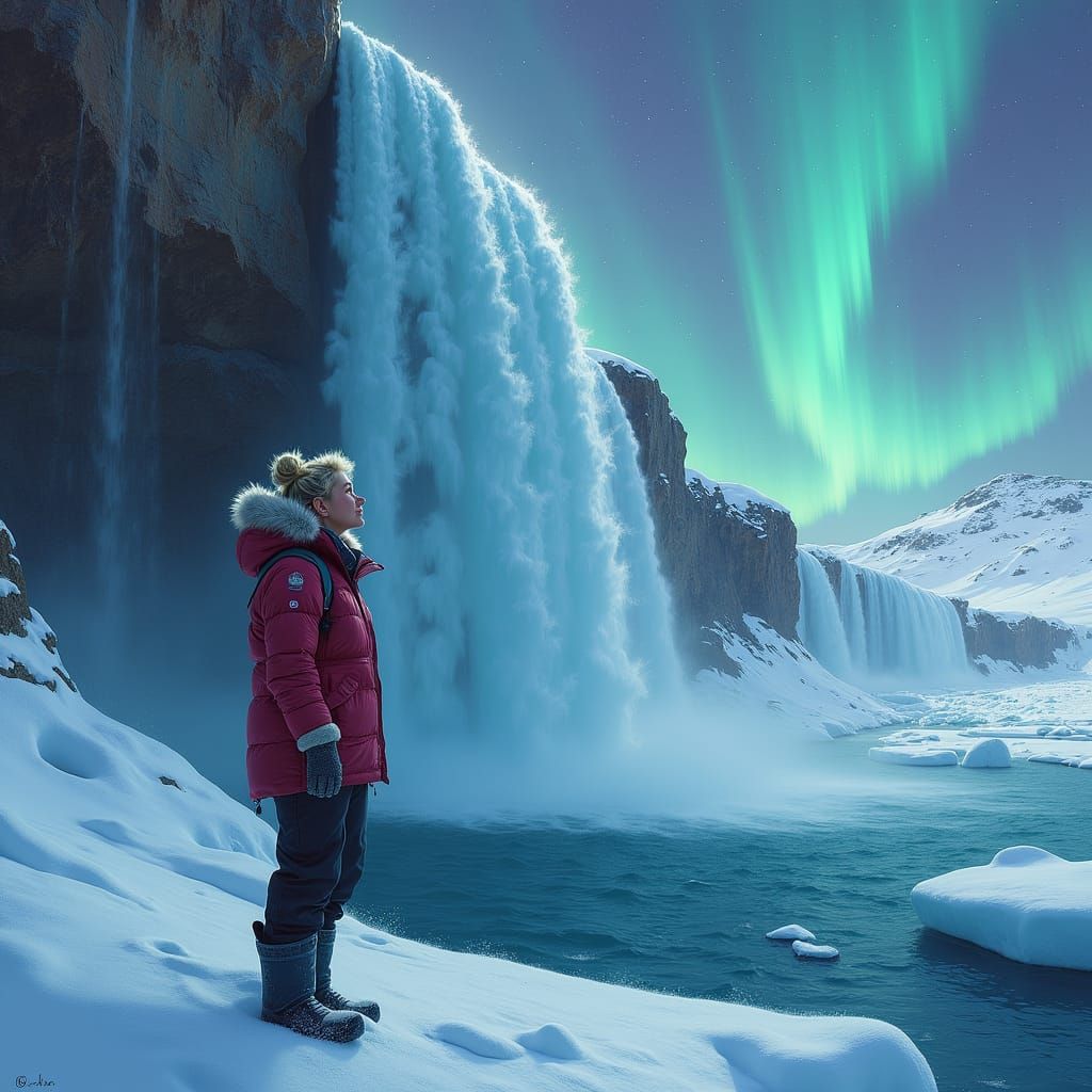 Arctic Waterfall Scene with Aurora Borealis