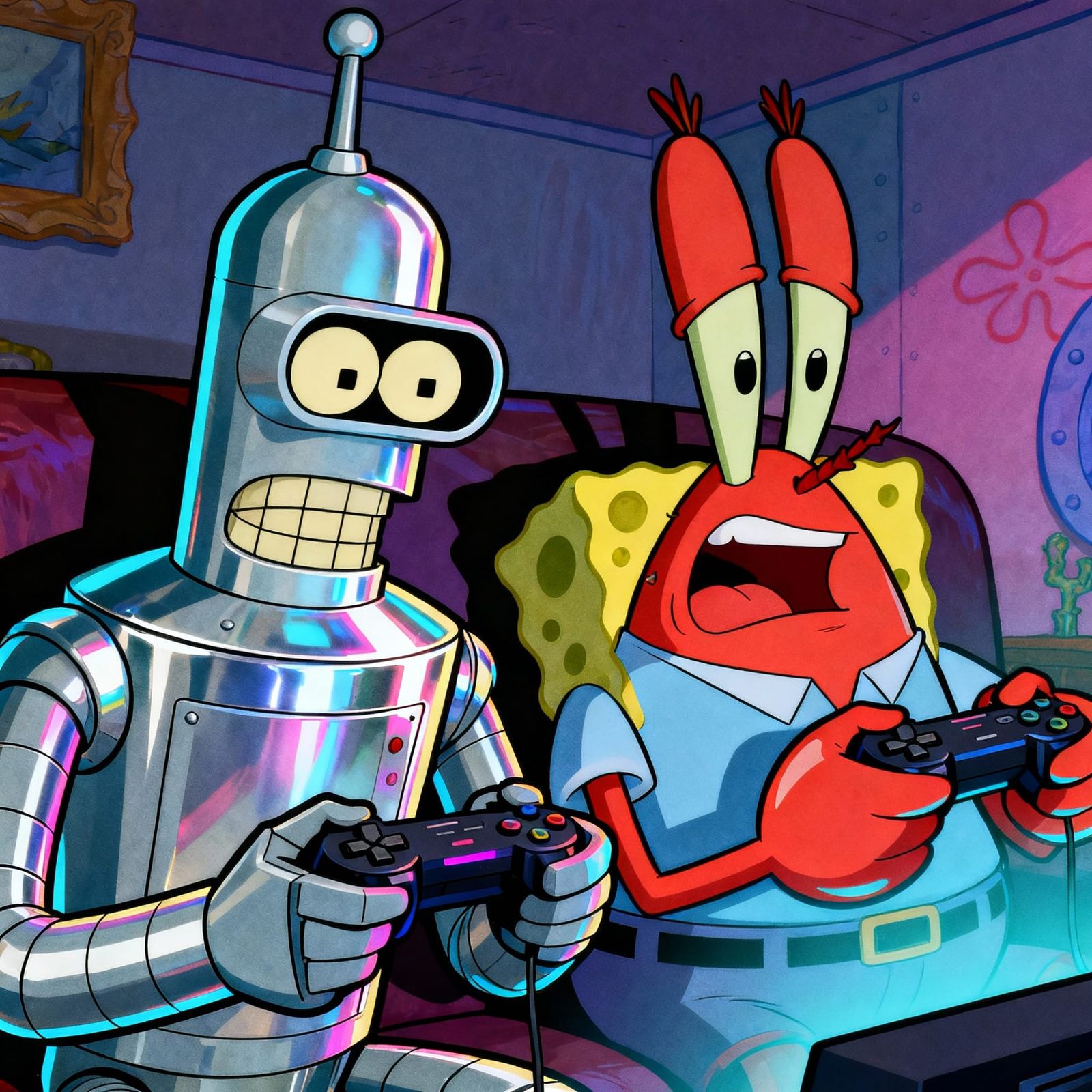 Bender and Mr. Krabs Play Video Games with PS3 Controllers