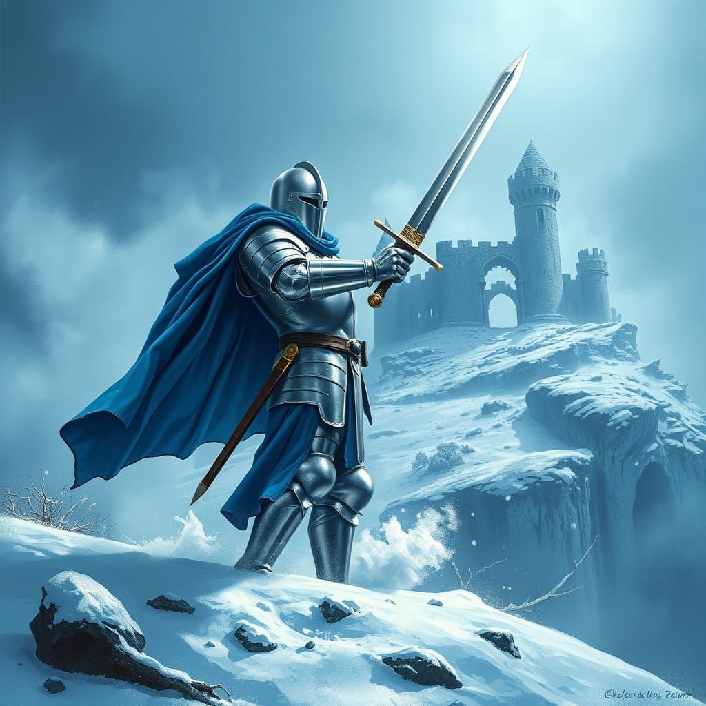Heroic Knight Stands Ready in Frosty Castle Ruins