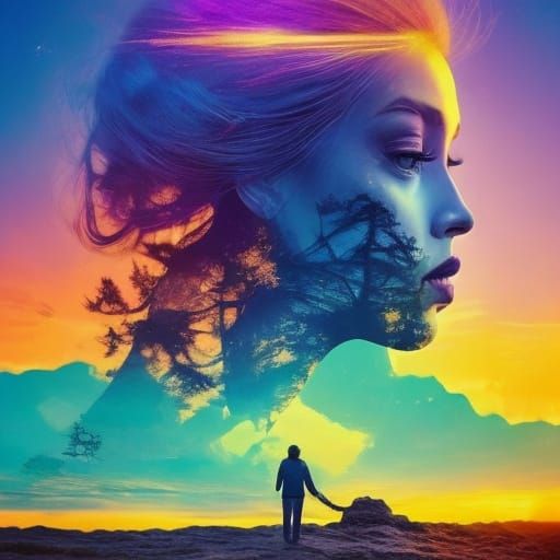 Surreal Double Exposure Portrait in Dreamlike Digital Art