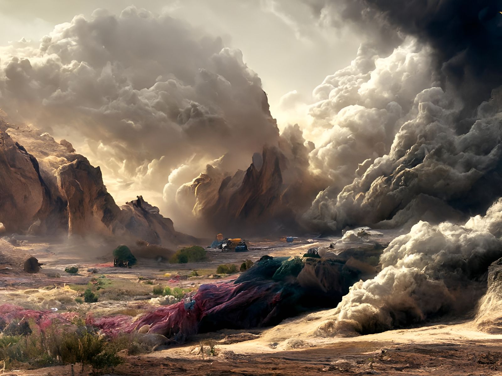 Dust Storm Over Arid Valley, Hyperrealistic Painting