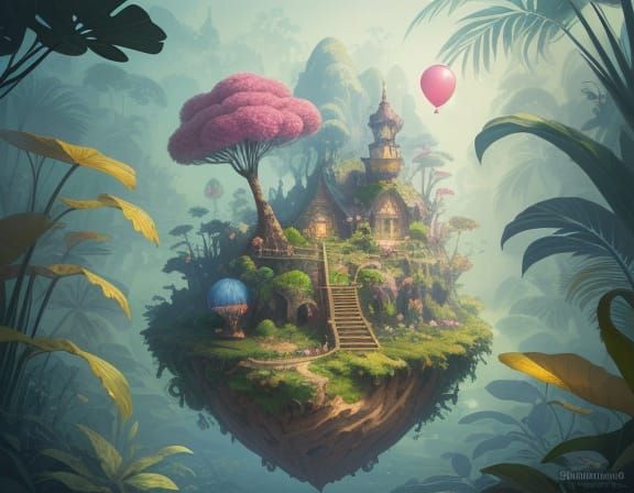 Whimsical Floating Island Adventure with Child and Balloon