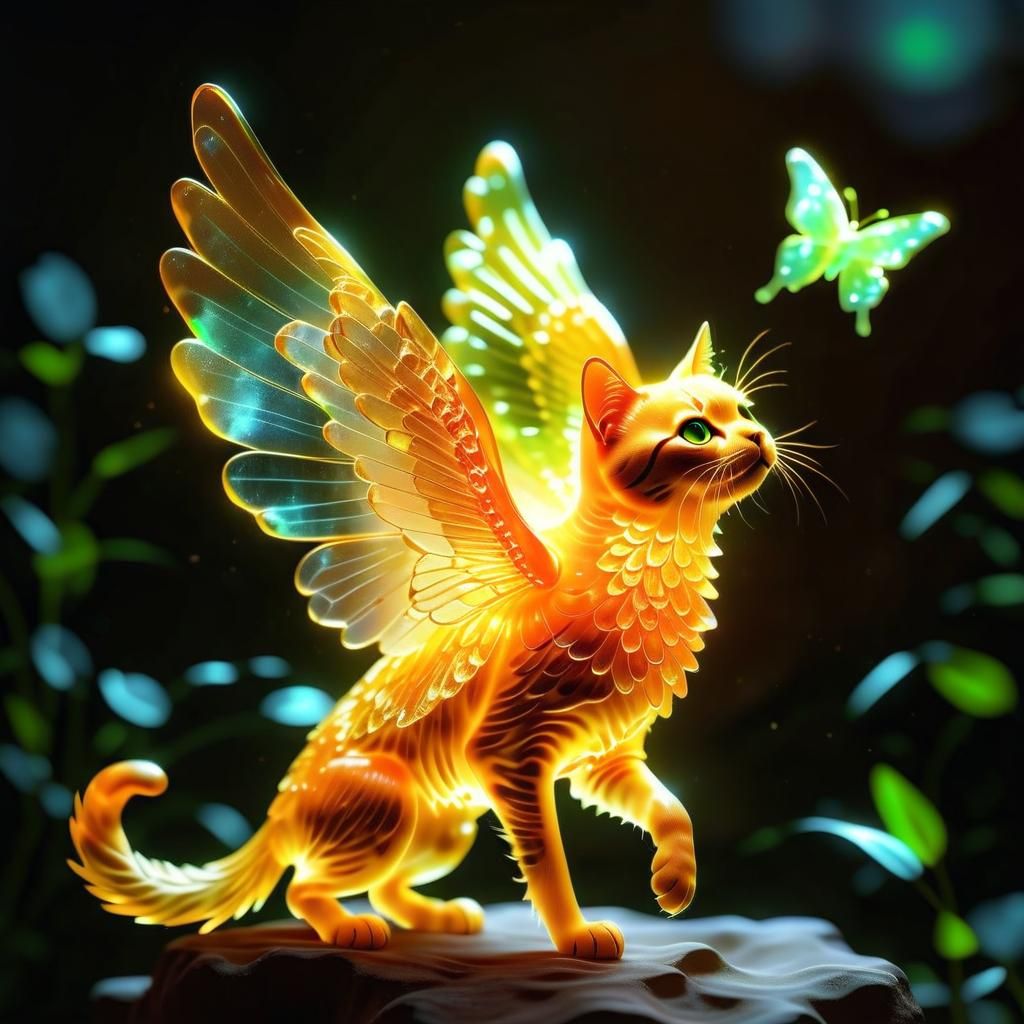 Hyper-Realistic Cat with Angel Wings in Vibrant Bioluminesce...