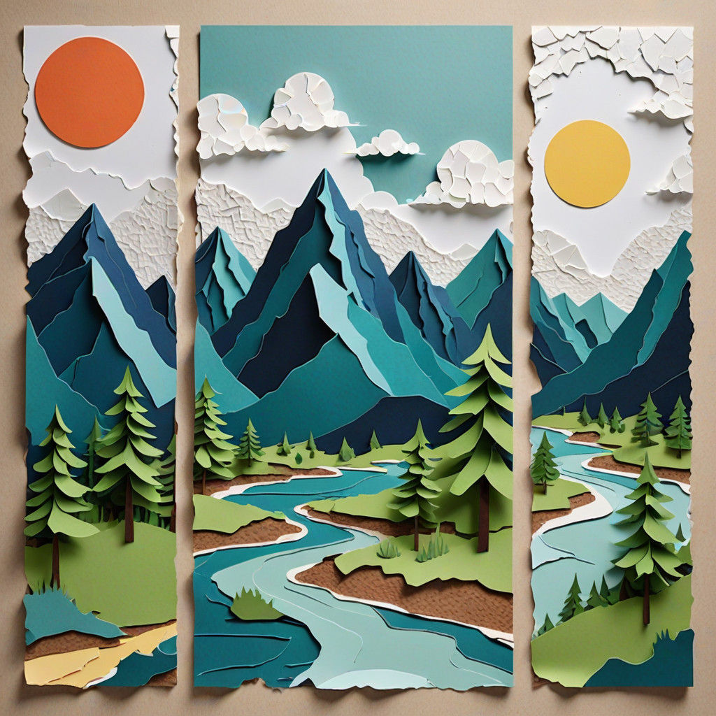 3 piece abstract Collage of uneven ripped paper scenery