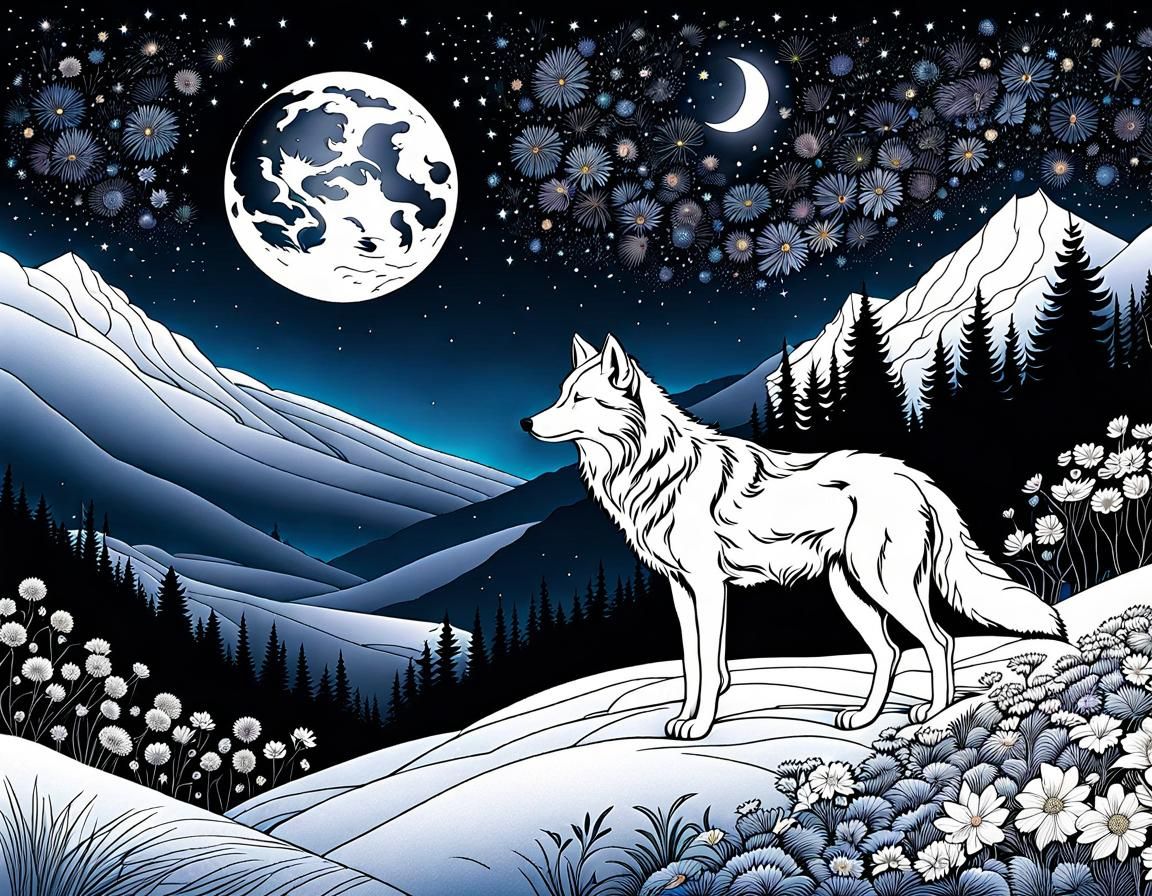 Lineart Illustration: Wolf on a Flowery Hill (minimal colour)