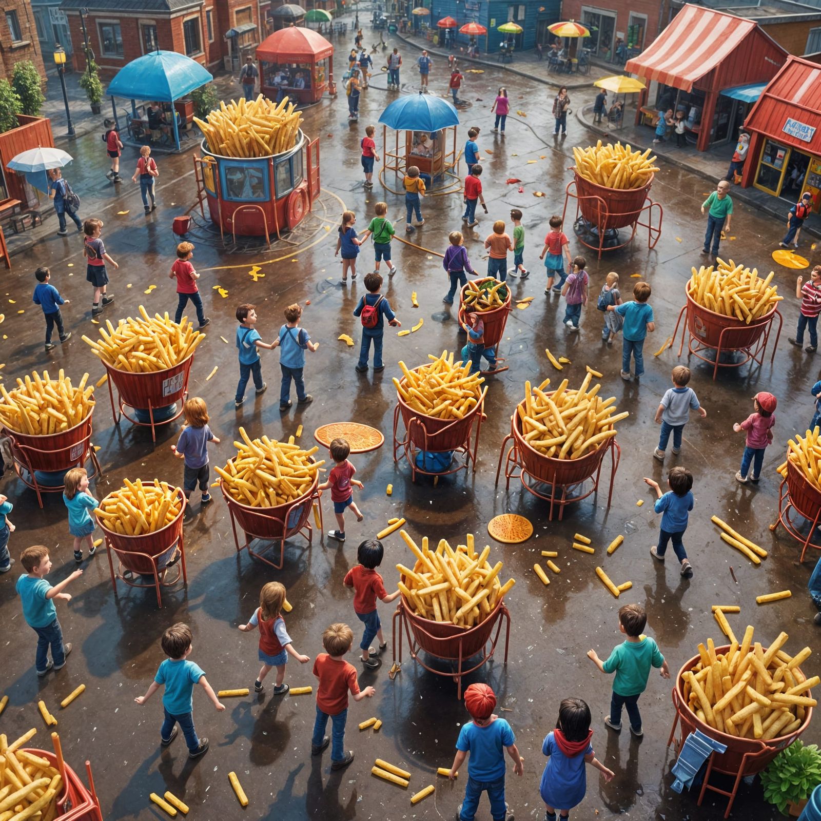 French Fry Rain on Elementary School: 3D Digital Art