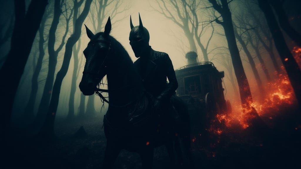 Gothic Carriage in Nightmare Forest with Fiery Structures