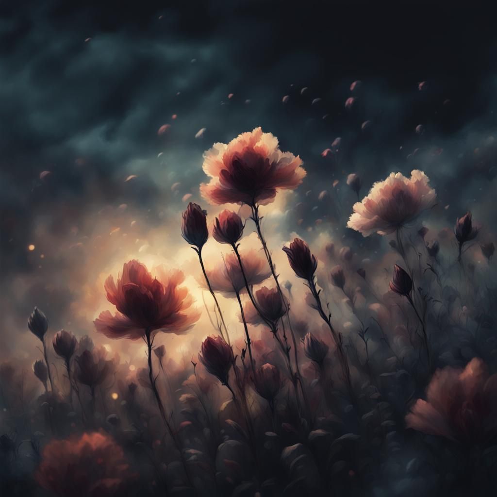 Glowing Black Cloud Flowers in the Night Sky