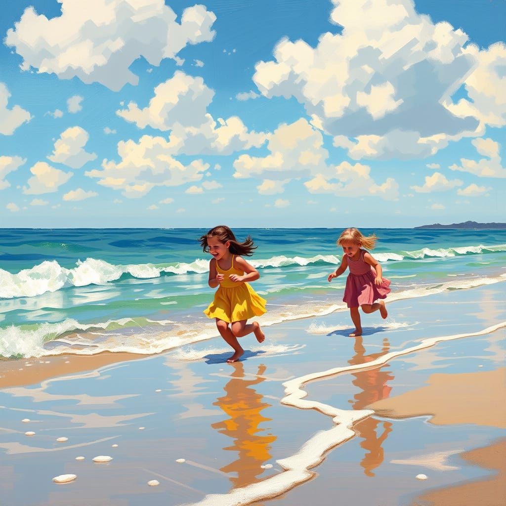 Children at Play Along Seaside on a Sunny Day in Impressioni...