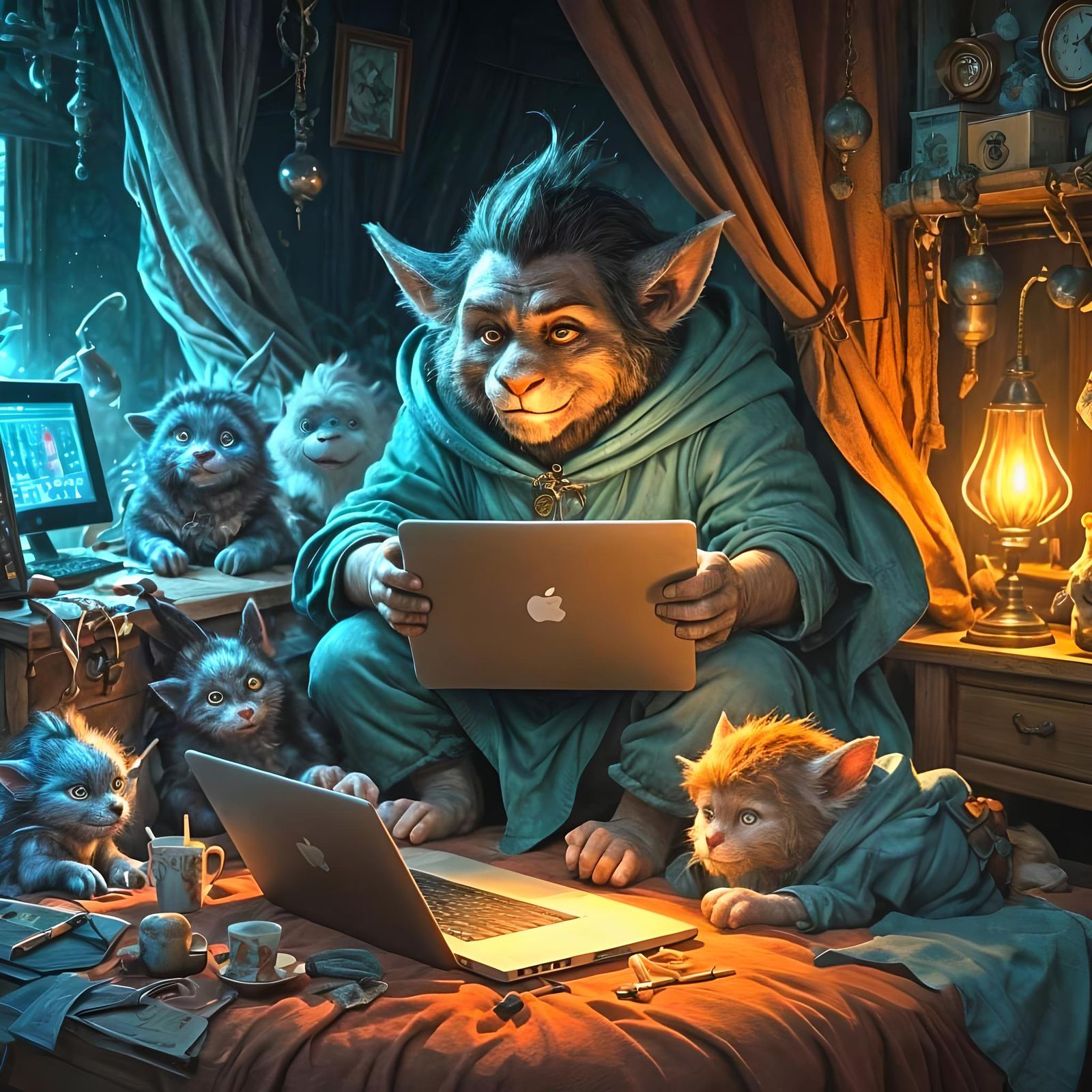 Trolls Working on Laptops in Bed, Fantasy Art
