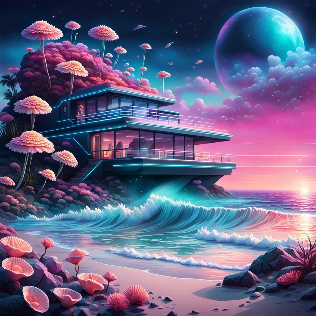 Retrowave Coastline in Shimmering 4D Digital Art