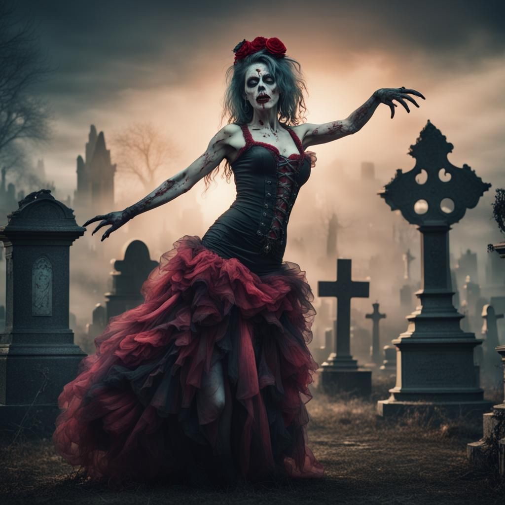 Zombie Burlesque Dancer Dancing In the Cemetery