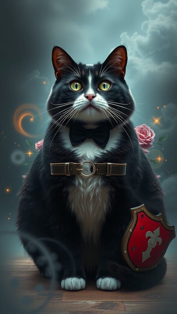 Majestic Fat Tuxedo Cat Amidst Whimsical Shield