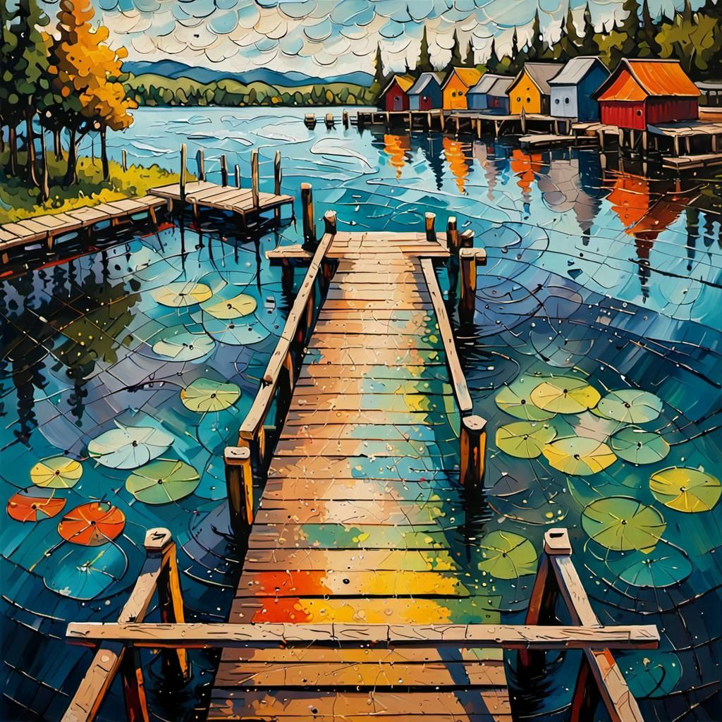 Neo-Impressionistic Lake Fishing Dock Oil Painting