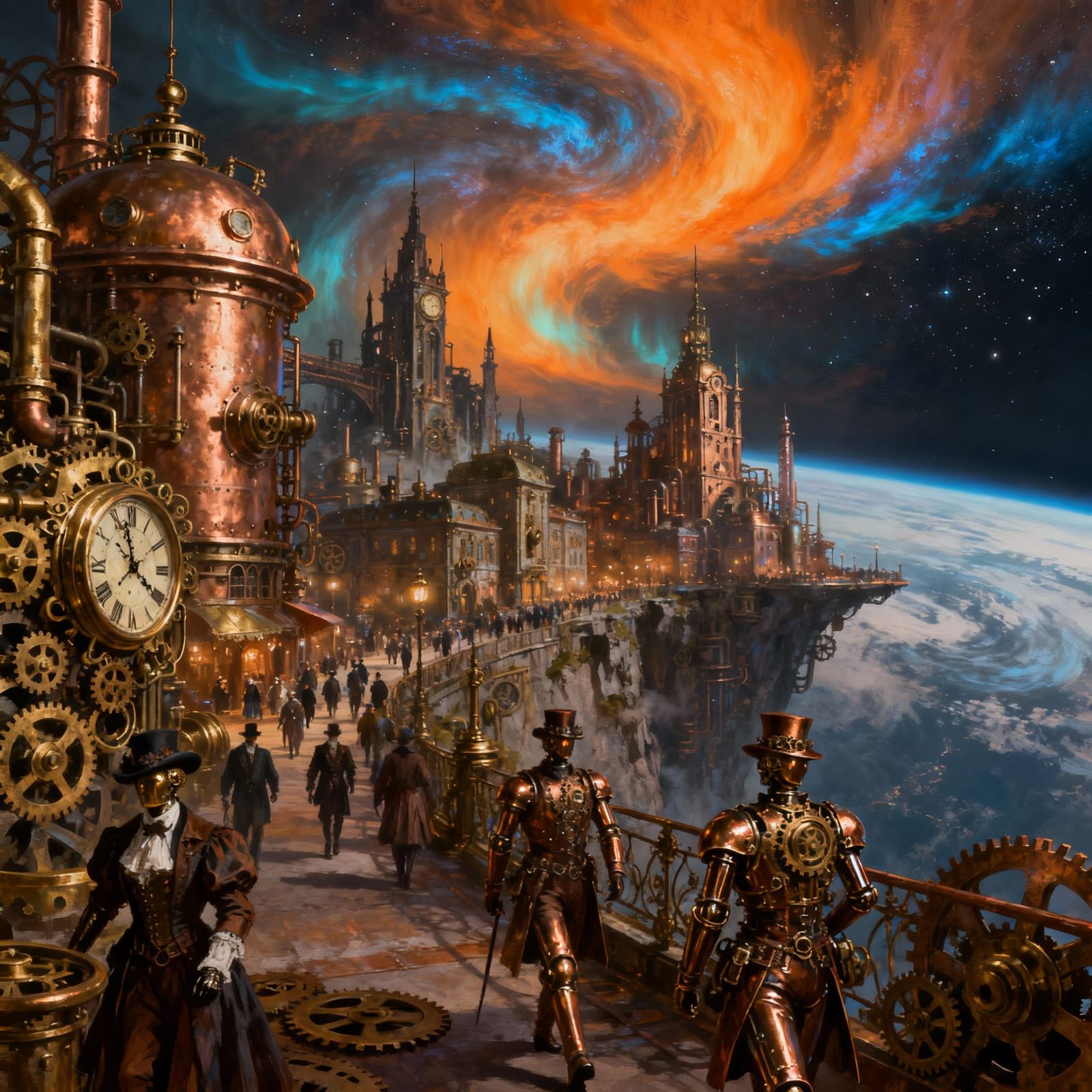 Steampunk City Under Cosmic Aurora in Concept Art Style