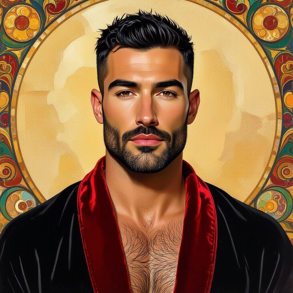 Handsome Man in Velvet Robe: Impressionist Gouache and Oil P...