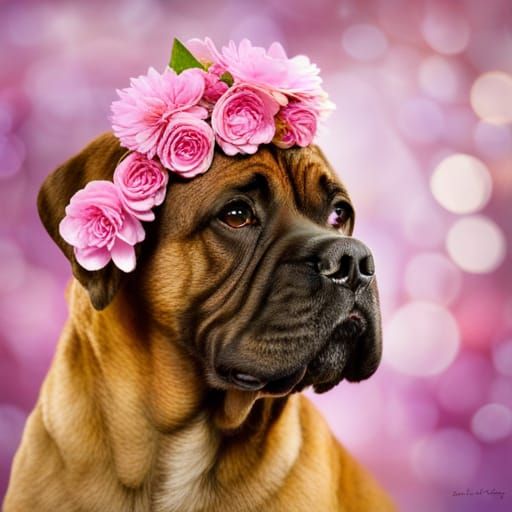 Bullmastiff with Pink Flower Wreath Portrait