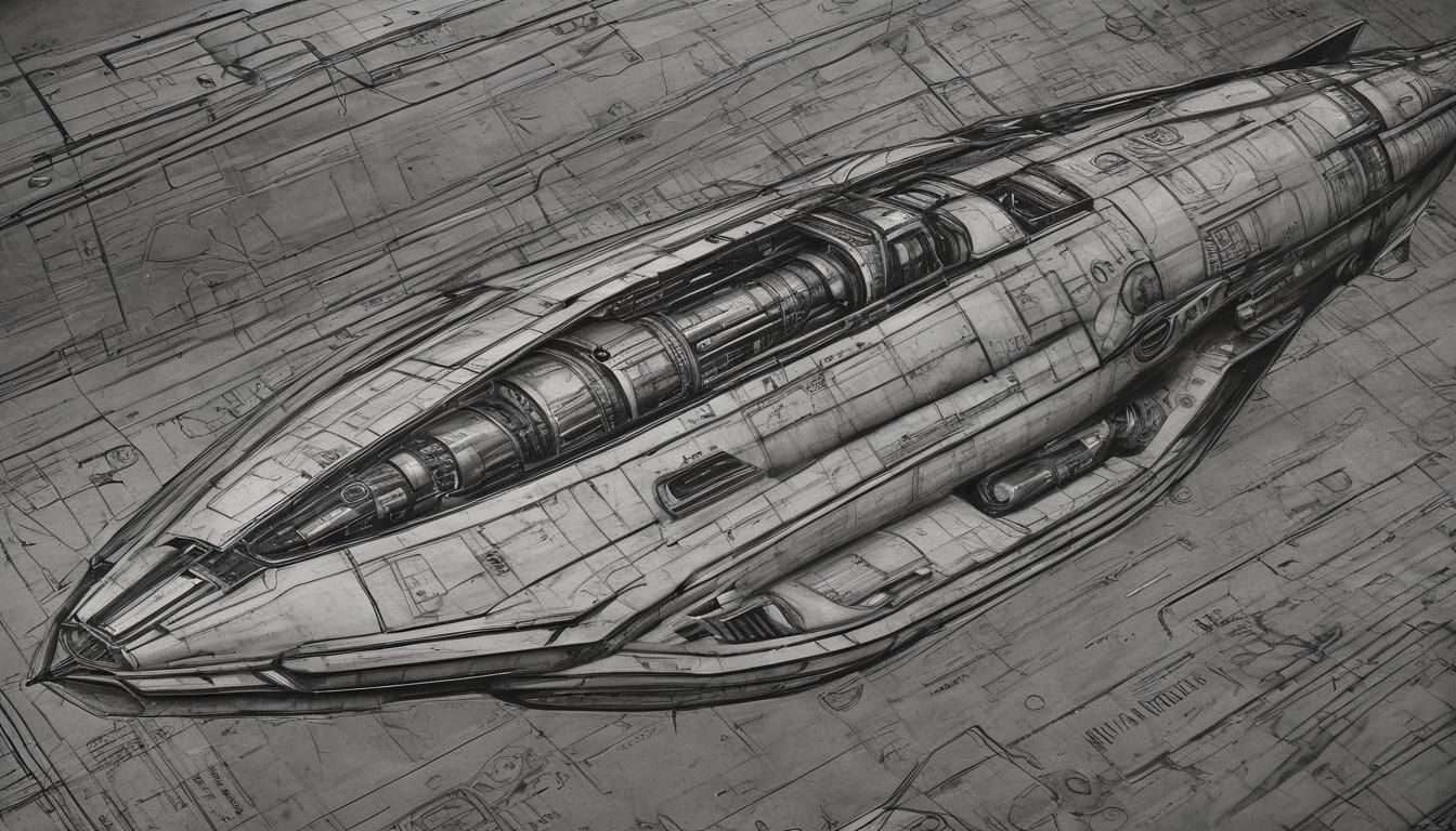 Alpha 1 Spaceship in Dark Hangar: Charcoal Drawing