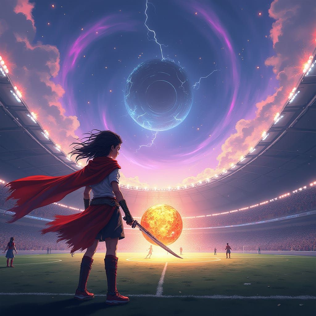 Epic Anime Battle Scene in Futuristic Stadium with Glowing C...