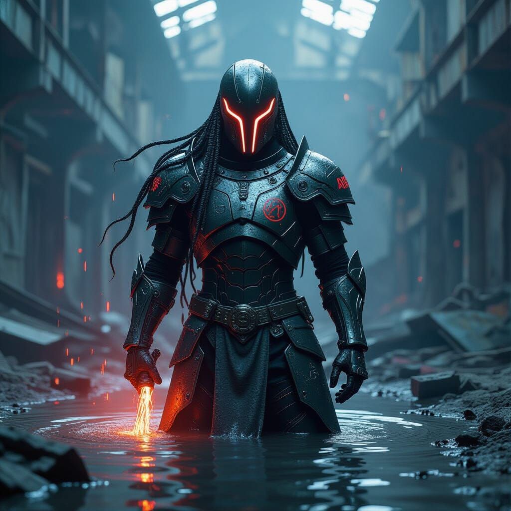 Biomechanical Knight Emerges in Ruined Factory, Glitch Art S...