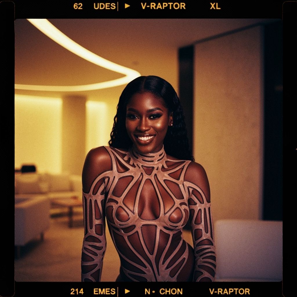 Smiling Woman in Abstract Clothes, Photo-Realistic Film Stil...