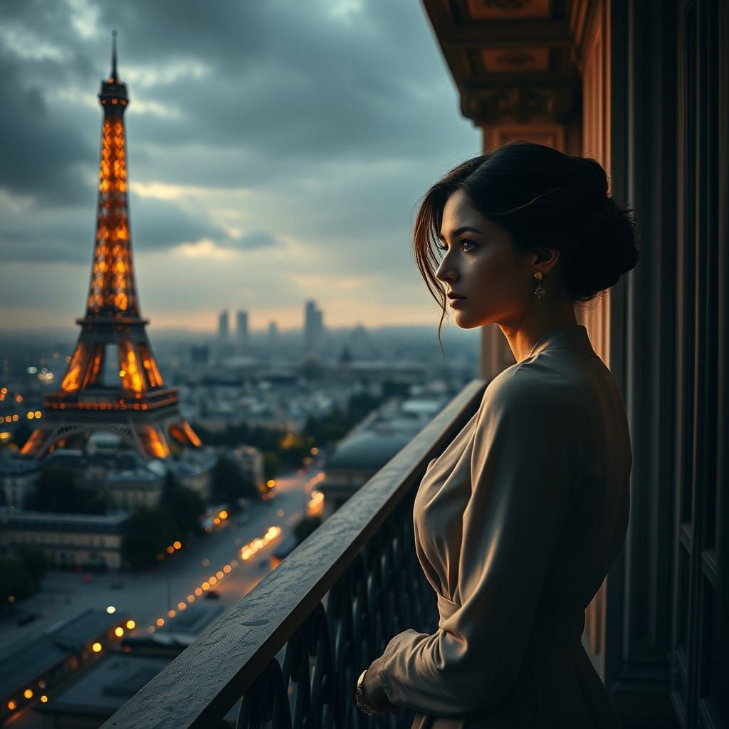 Elegant Woman Contemplates Eiffel Tower from Parisian Balcon...