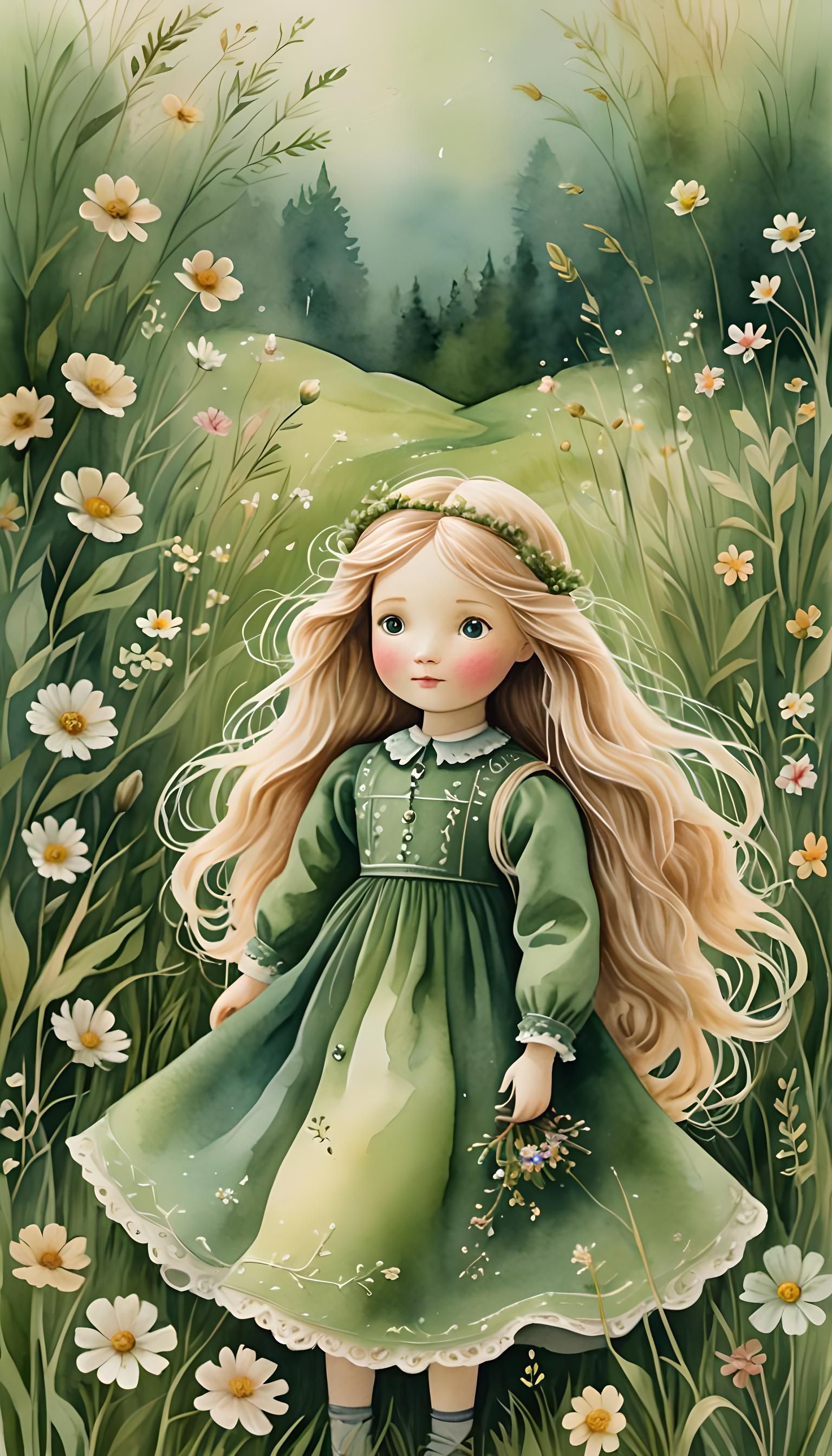 Waldorf Doll Hiding in Grass with Wool Flowers