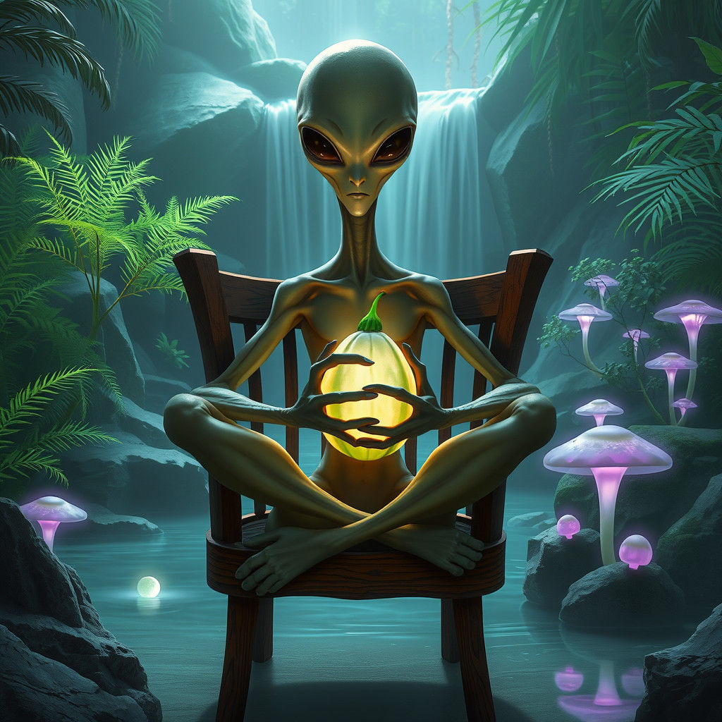 Meditative Alien in Bioluminescent Forest Oasis