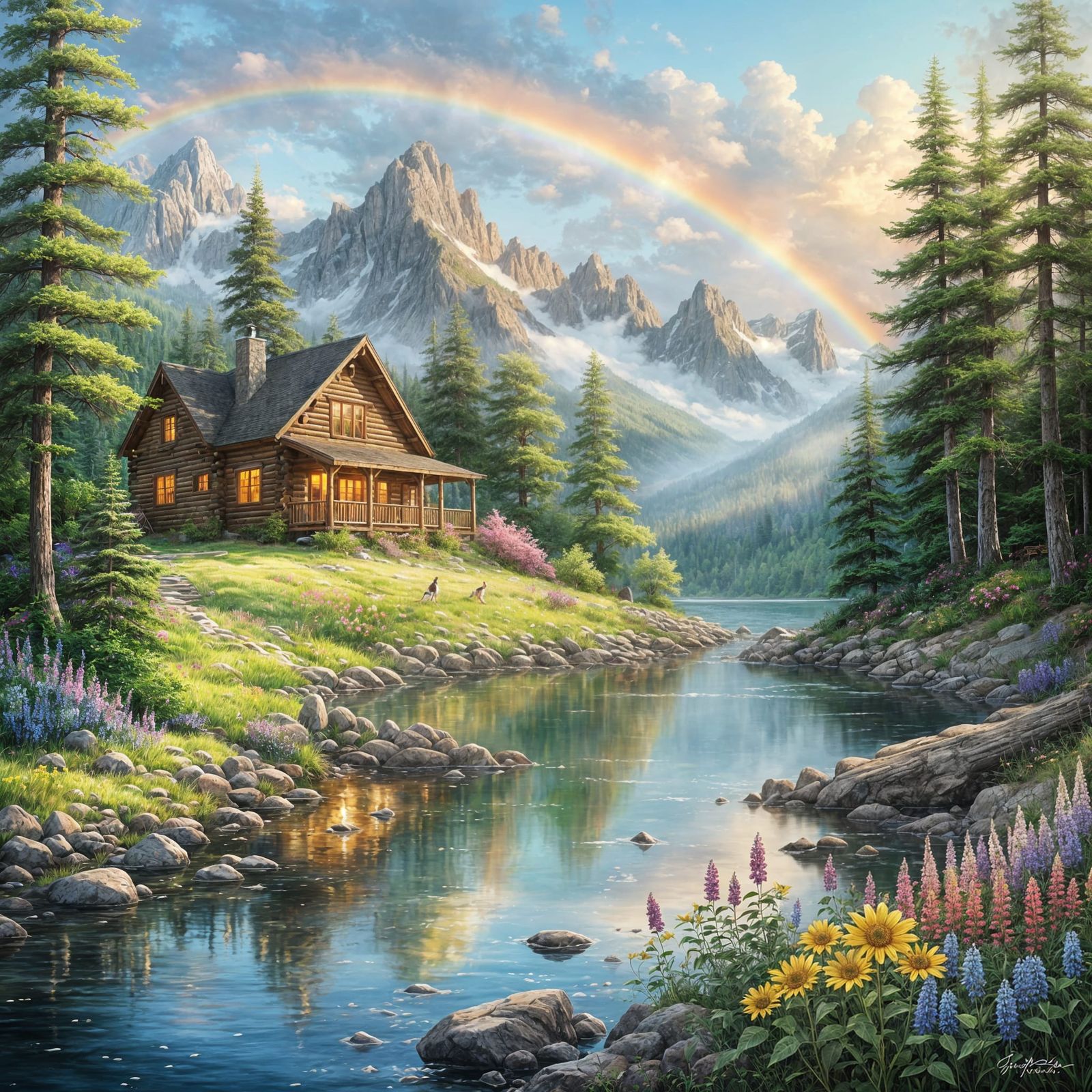 Mountain Lake Cabin Scene with Majestic Waterfall