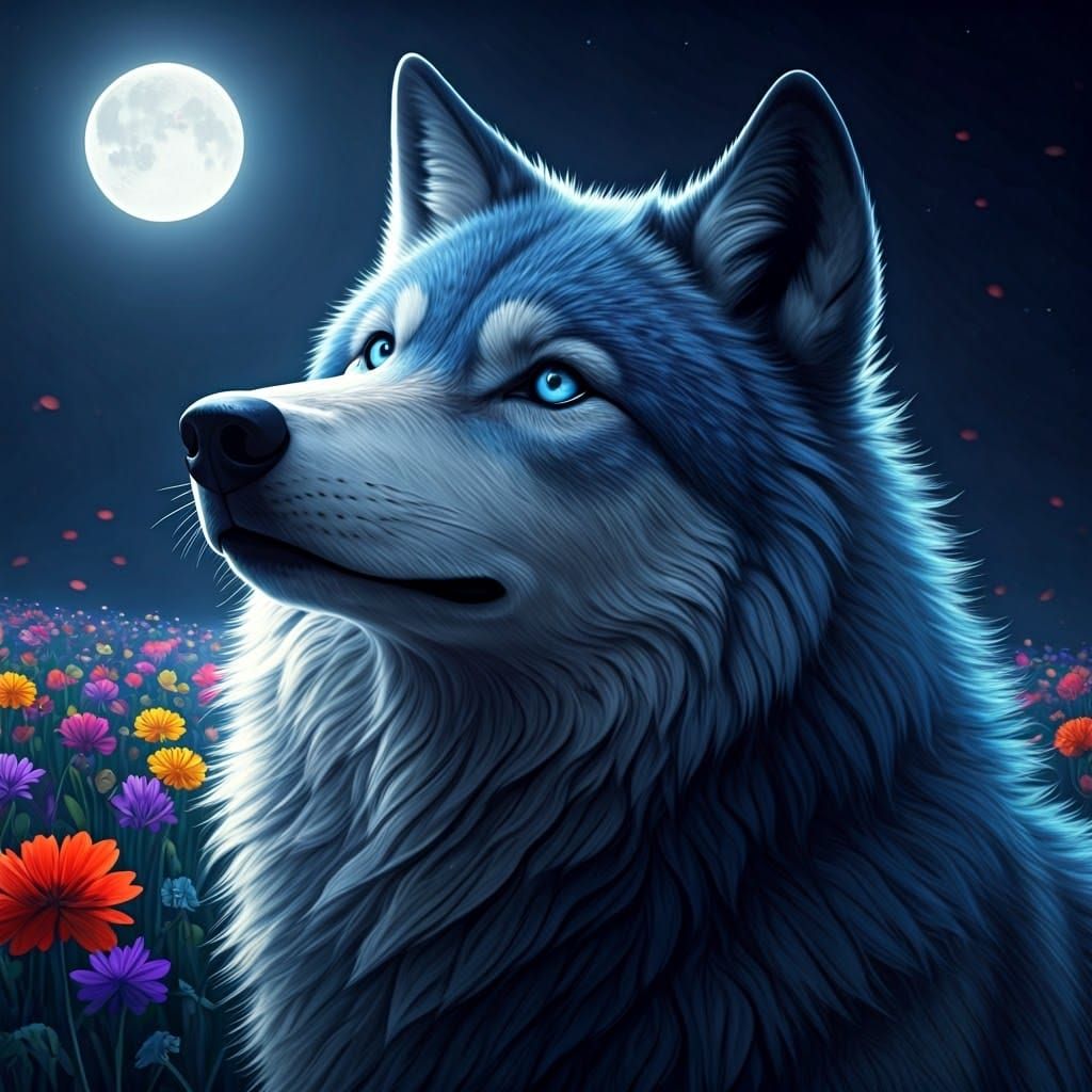 Blue Wolf in Wildflower Field Under Moon