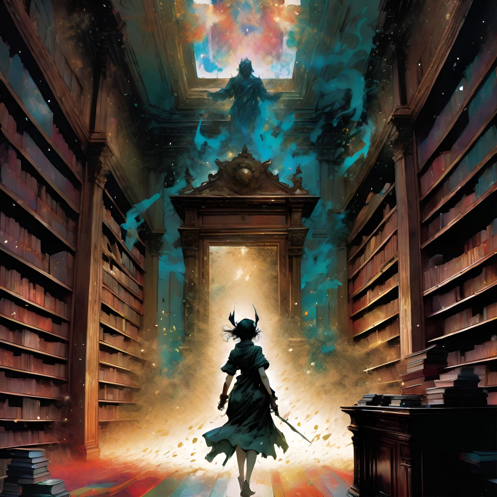 Evil Tome Unleashes Miasma in Library, Digital Illustration