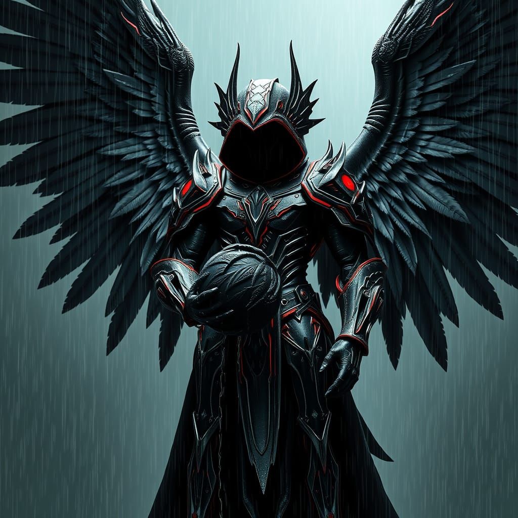 Majestic Black Angel in Heavy Rain with Biomechanical Armor