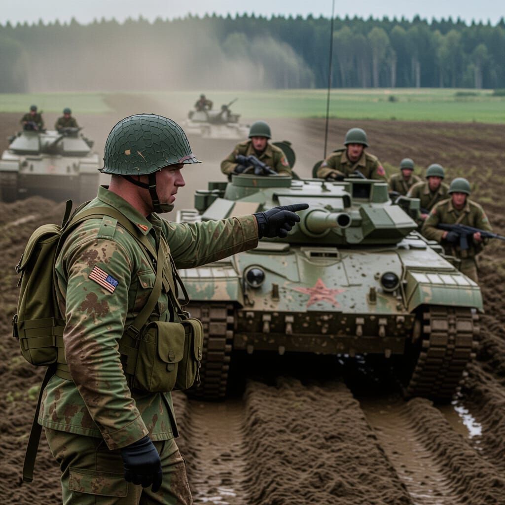 Army Commander Directs Tanks Through Muddy Battlefield