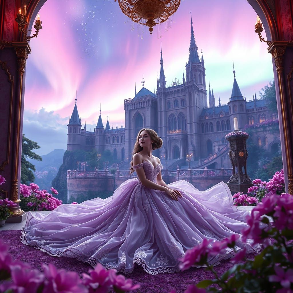 Ethereal Lady in a Lavender Castle Amidst a Vibrant Garden