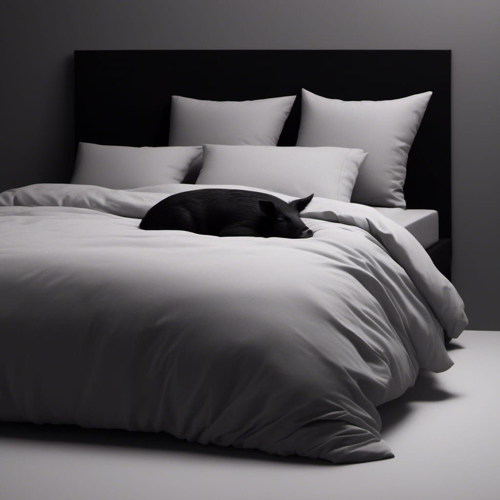 Monochrome Pig Sleeping in Black Bed at Night