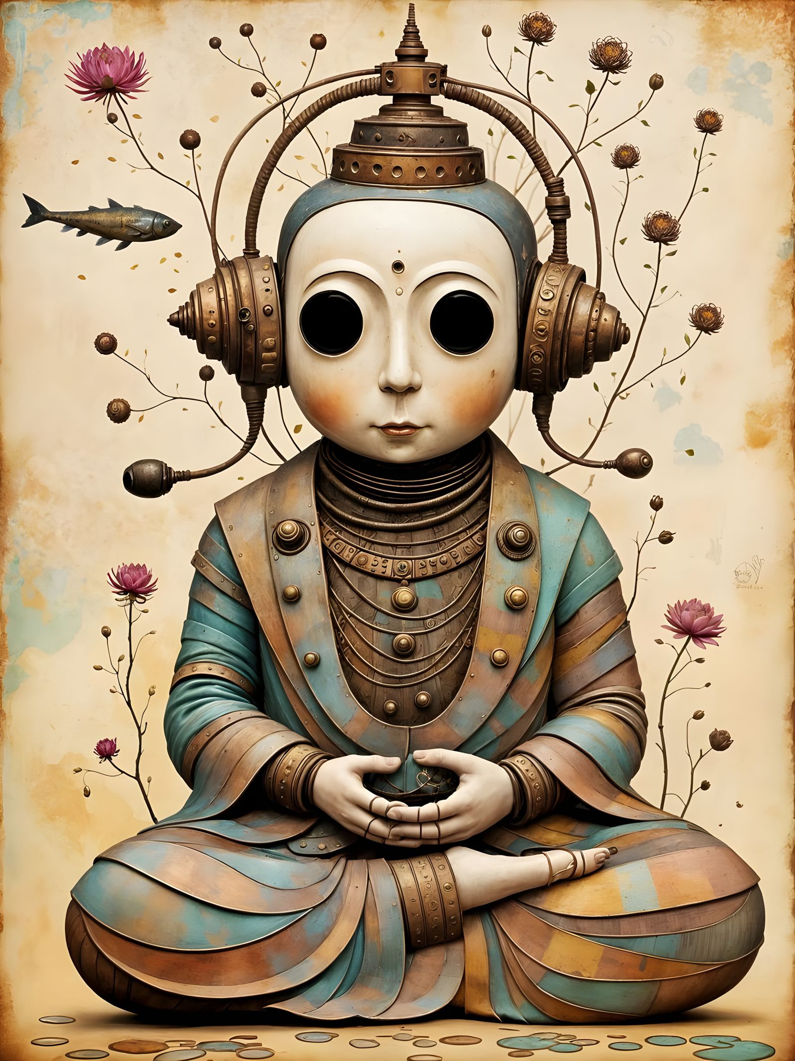 Steampunk Buddha Robot Meditating with Flying Fish