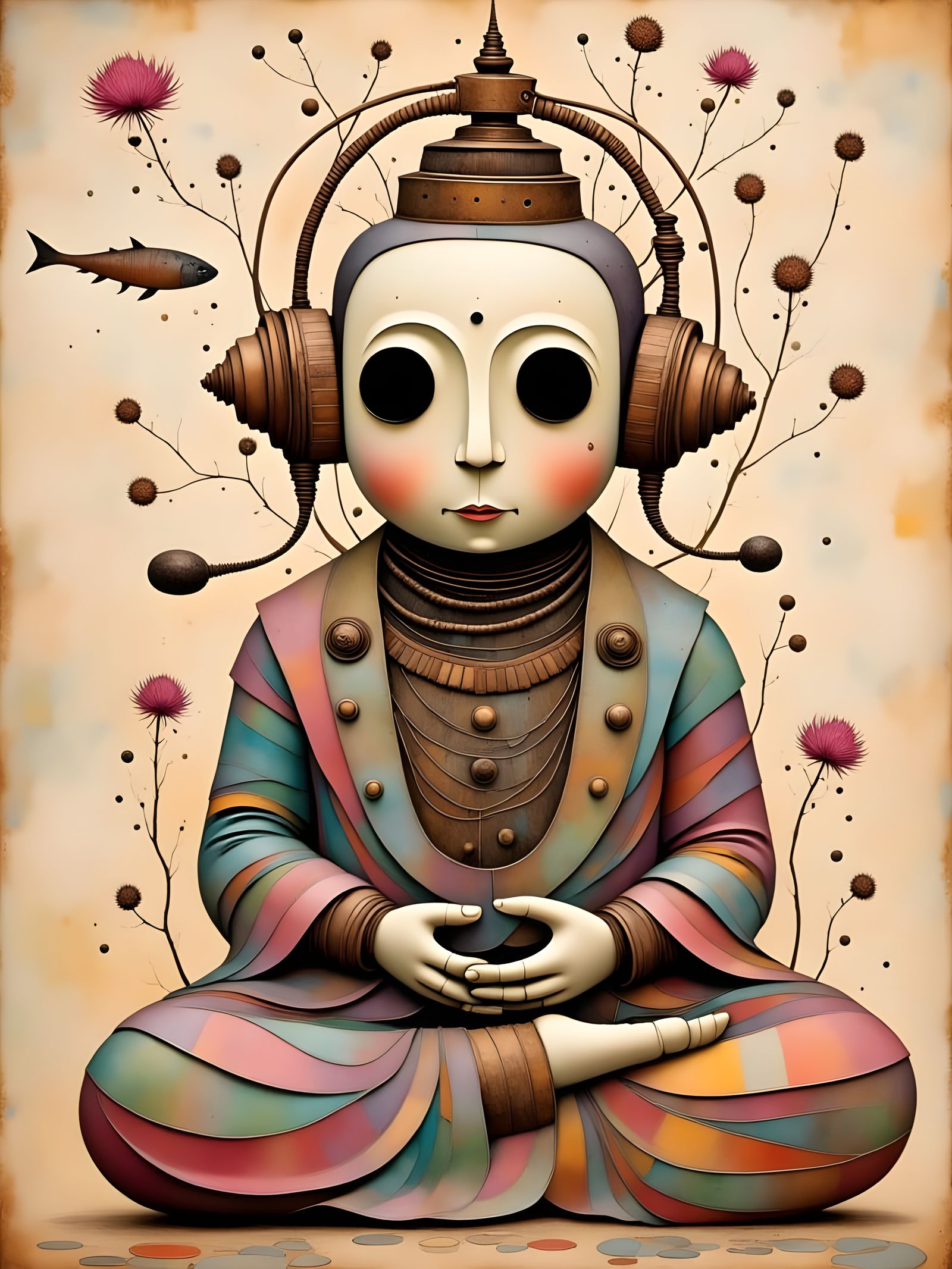 Steampunk Buddha Robot Meditating Among Lotus Flowers