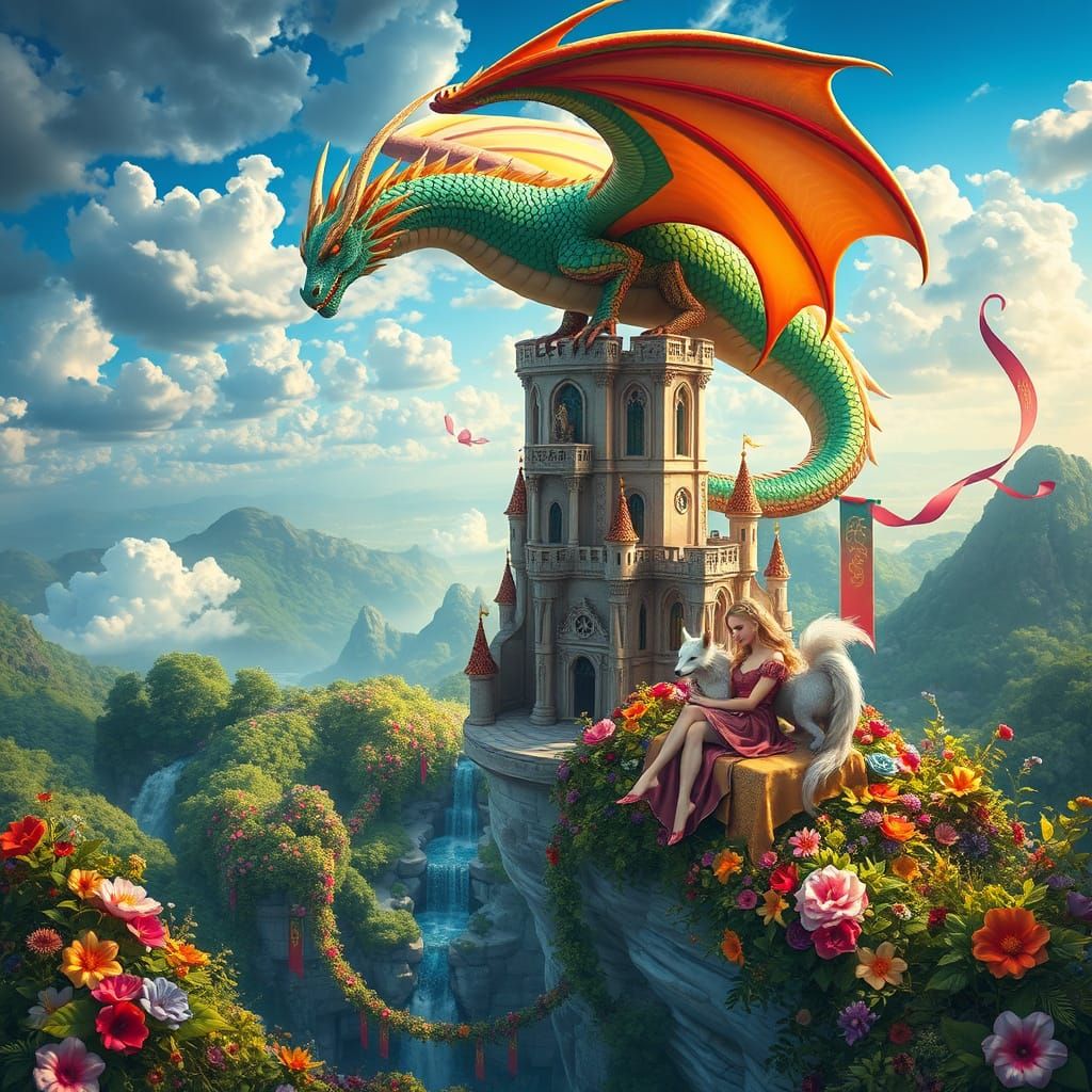 Rainbow Dragon Perched Atop Pearl Castle in Regal Fantasy St...