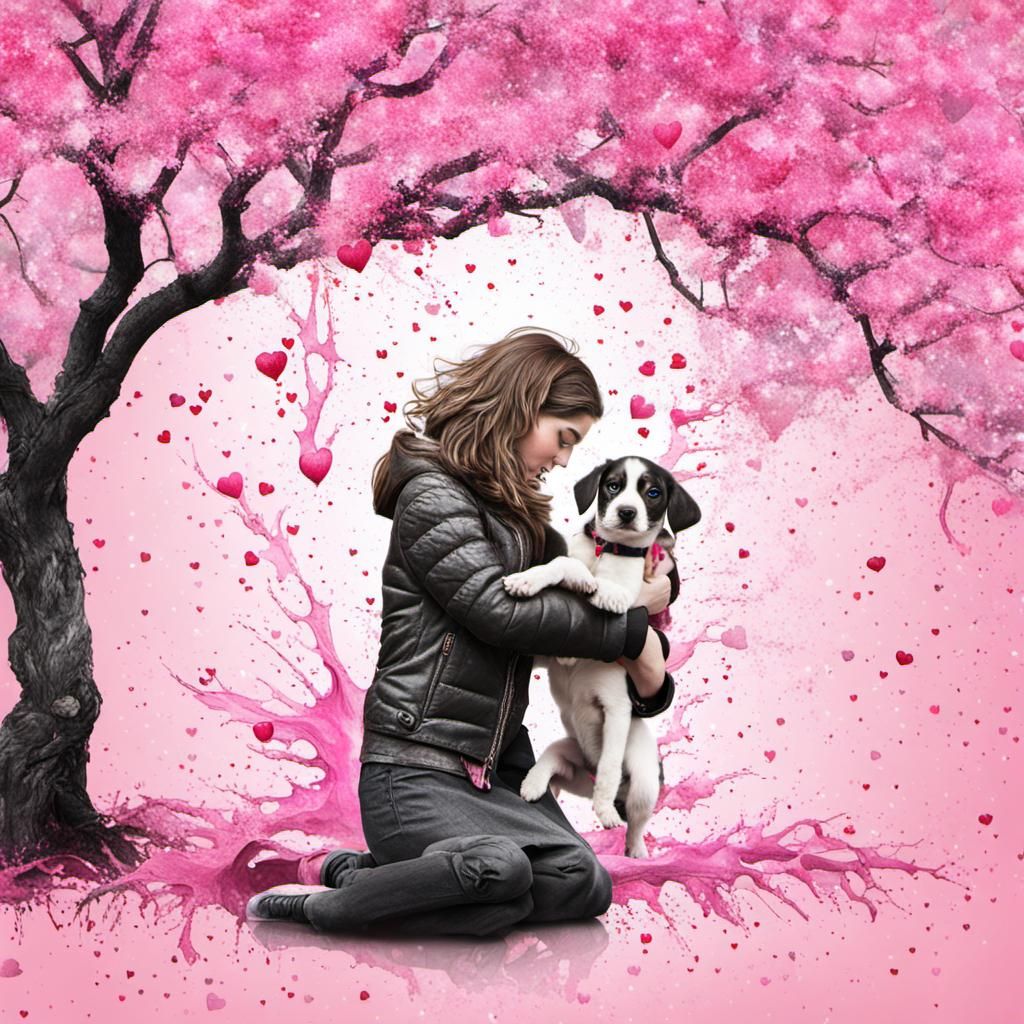 Girl with Puppy Beside Valentine's Tree