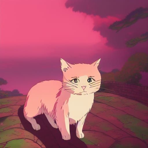 Happy Pink Kitten, Studio Ghibli Anime Style